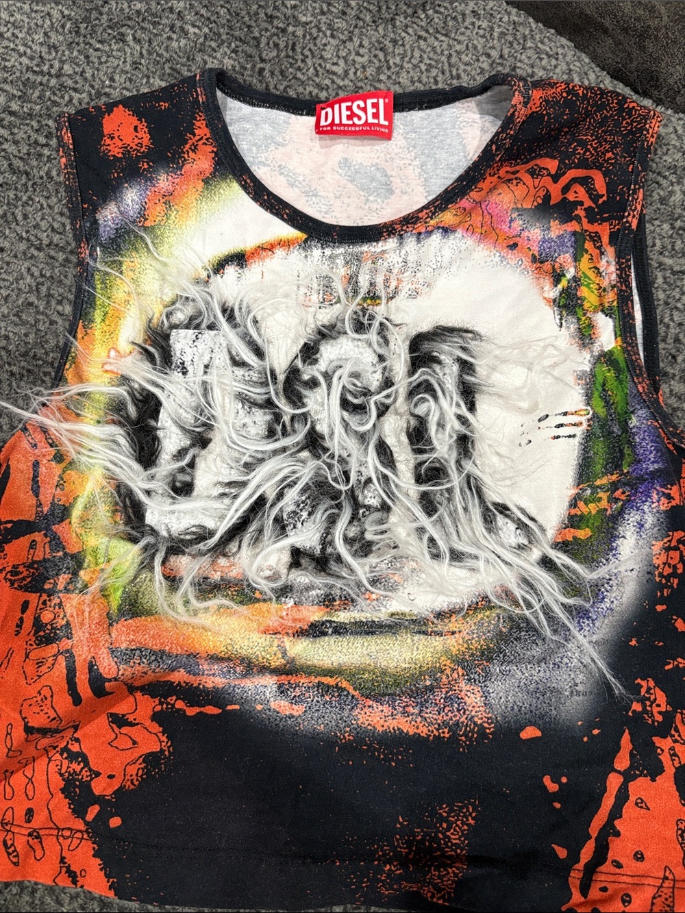 Diesel Black & Orange Cropped Graphic Tank with Fuzzy White Detail